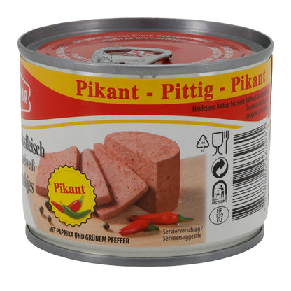 Carne di manzo in scatola Podravka Rinderfrühstücksfleisch piccante | Scatola | Speziata con proteine di soia | 200 g
