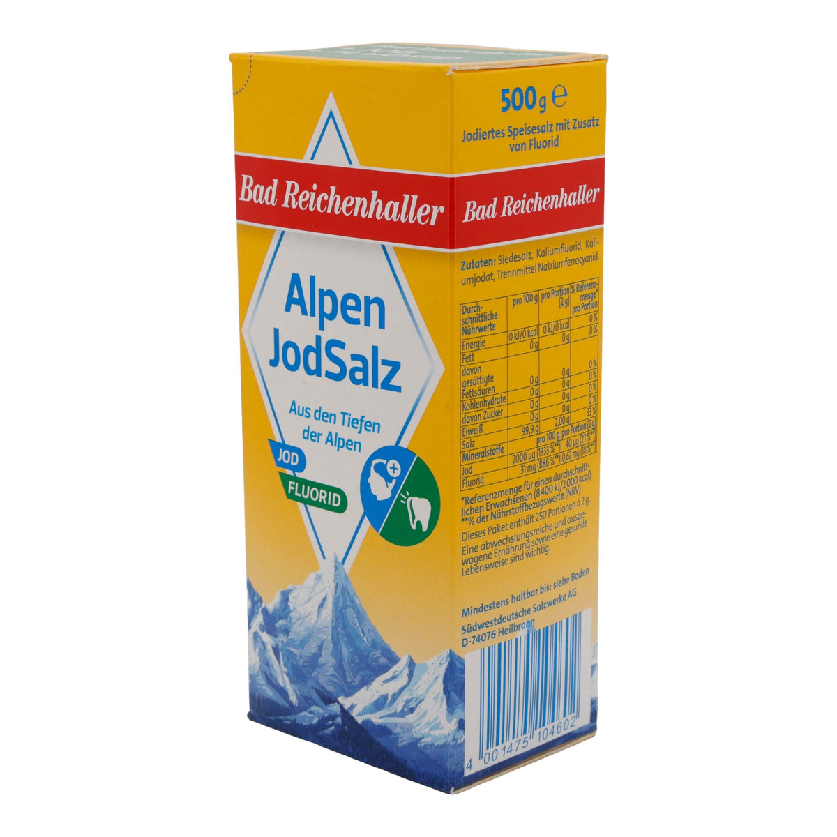 Salz Bad Reichenhaller | AlpenJodSalz + Fluorid | Mit Jod und Fluorid | 500g