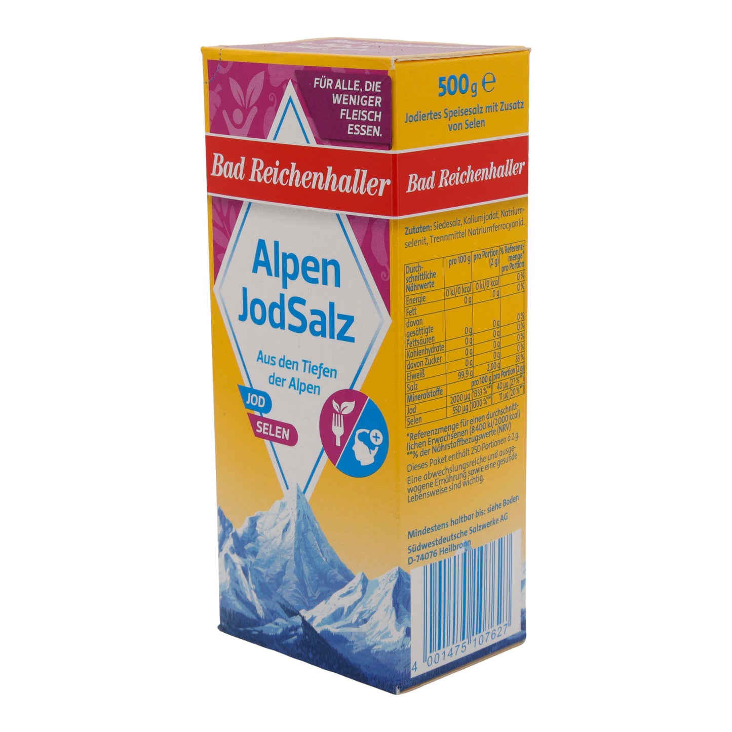 Salz Bad Reichenhaller Alpen JodSalz | mit Selen | jodiertes Speisesalz für gesunde Ernährung | 500 g