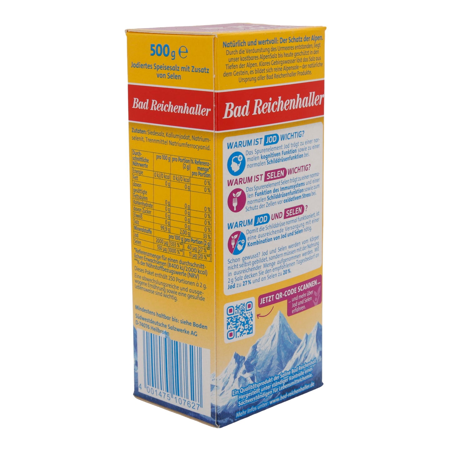 Salz Bad Reichenhaller Alpen JodSalz | mit Selen | jodiertes Speisesalz für gesunde Ernährung | 500 g