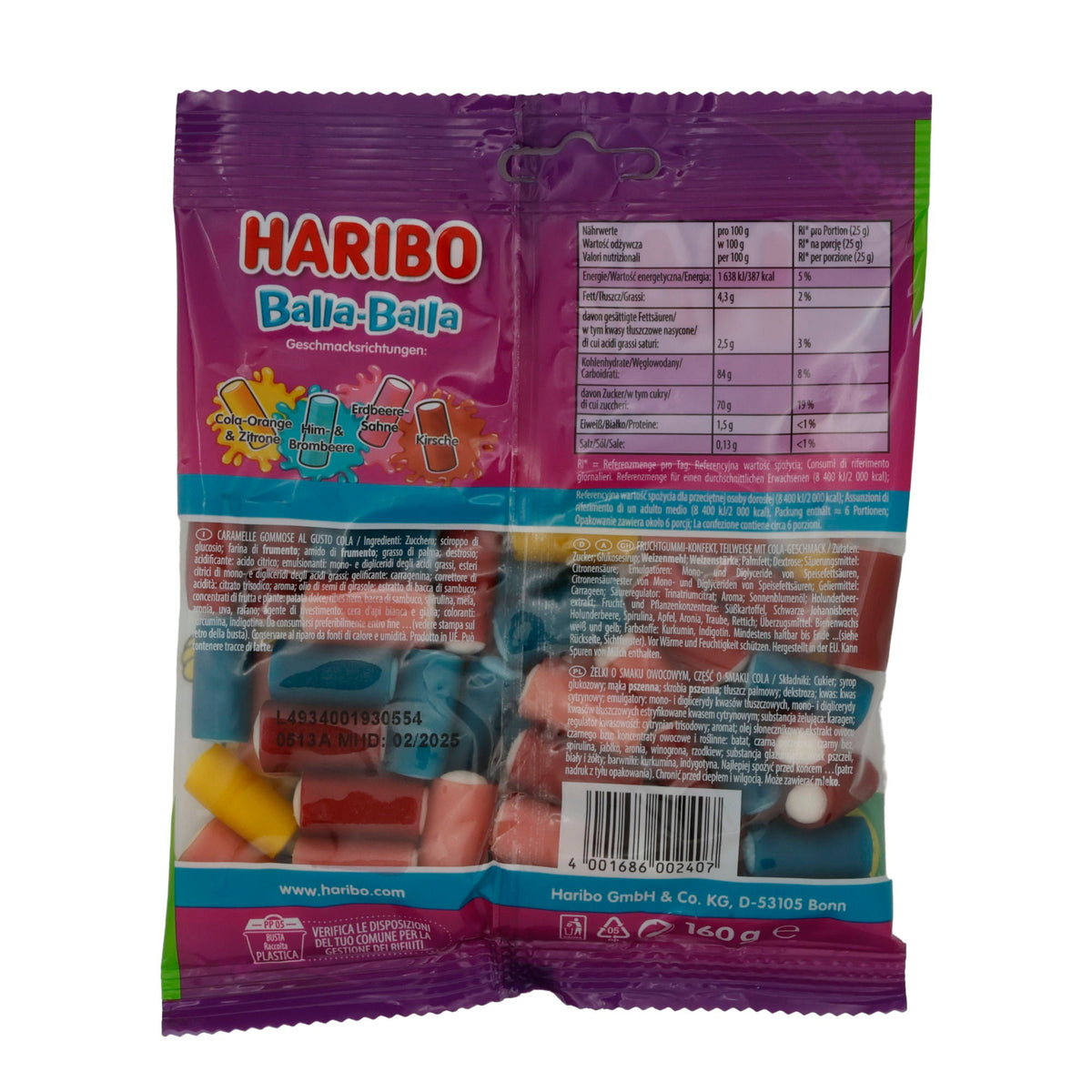 Balla-Balla Haribo | Bunte Gummibonbons | Mit saurer Zuckerglasur und fruchtigen Geschmacksrichtungen | 160 g