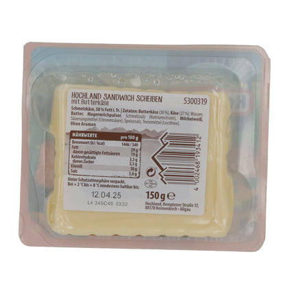 Käsescheiben Hochland Sandwich Scheiben mit Butterkäse | Cremig | Für Sandwiches und Snacks | 150 g