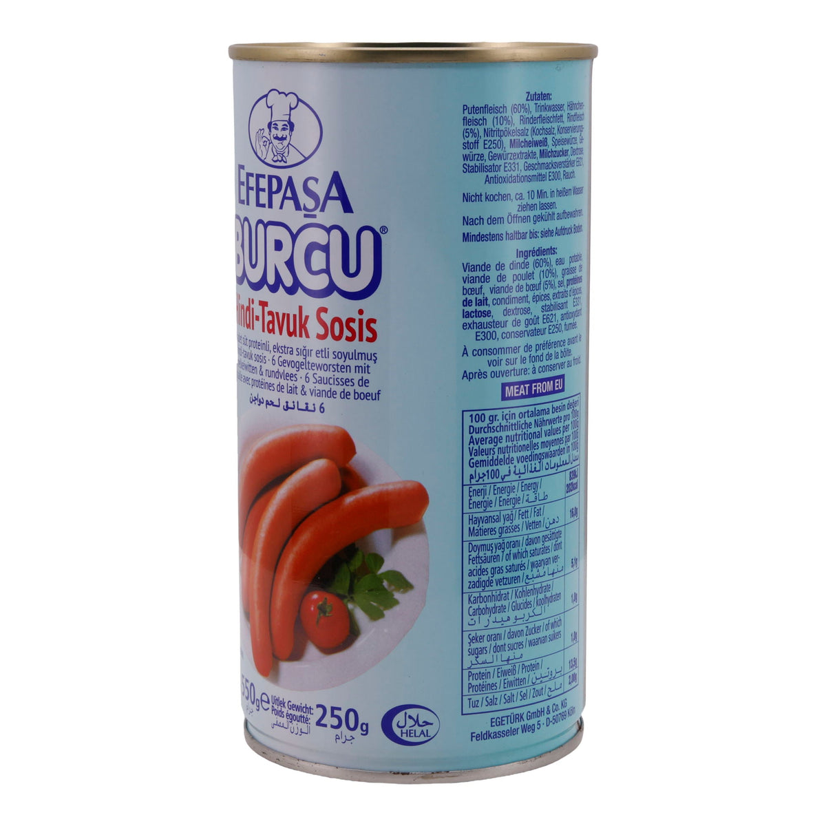 Geflügelwürstchen Efepasa Burcu | Hindi-Tavuk Sosis |  Würstchen | 6 Stück, in Eigenhaut, mit Milchweiß & Rindfleischanteil | 550 g EFEPASA