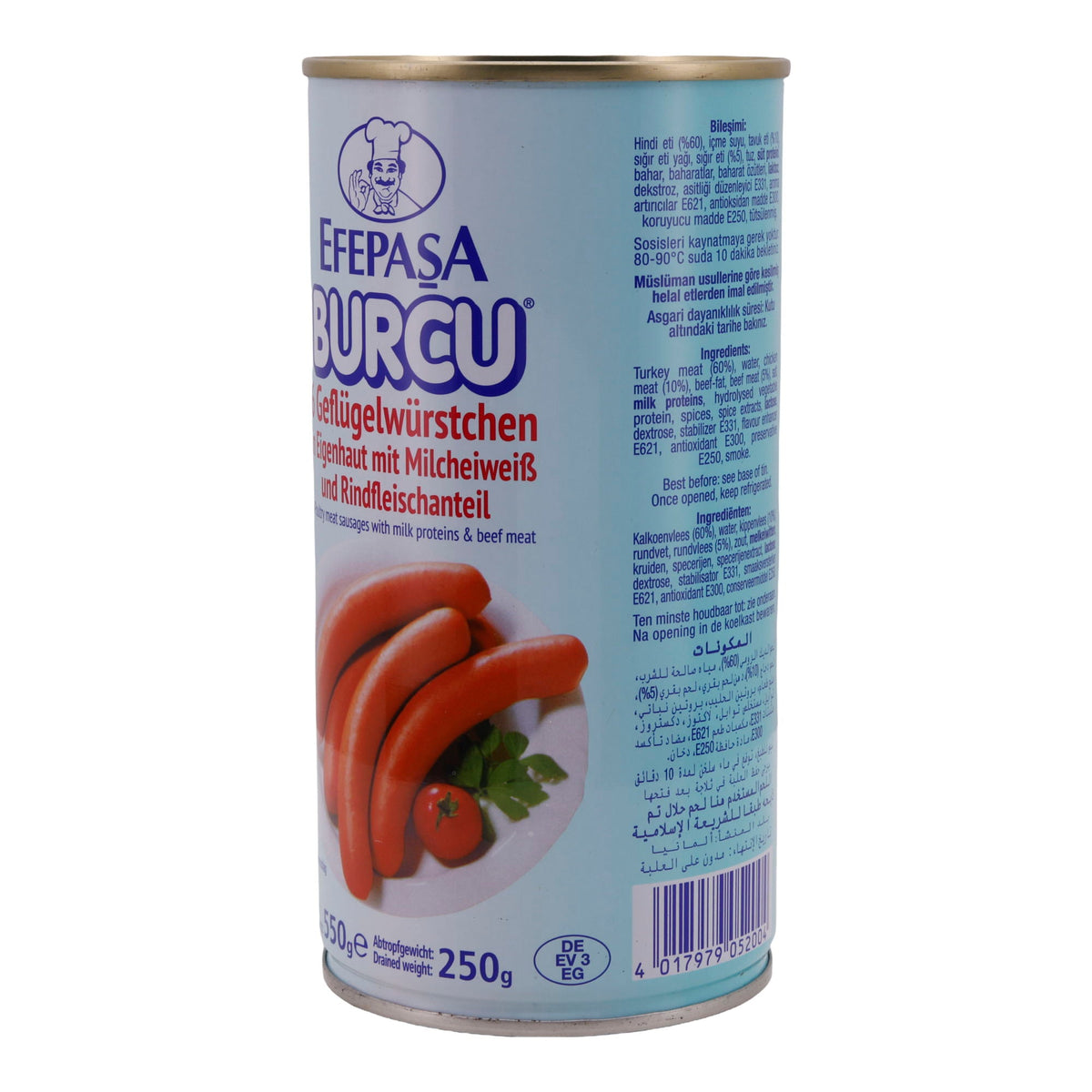 Geflügelwürstchen Efepasa Burcu | Hindi-Tavuk Sosis |  Würstchen | 6 Stück, in Eigenhaut, mit Milchweiß & Rindfleischanteil | 550 g EFEPASA