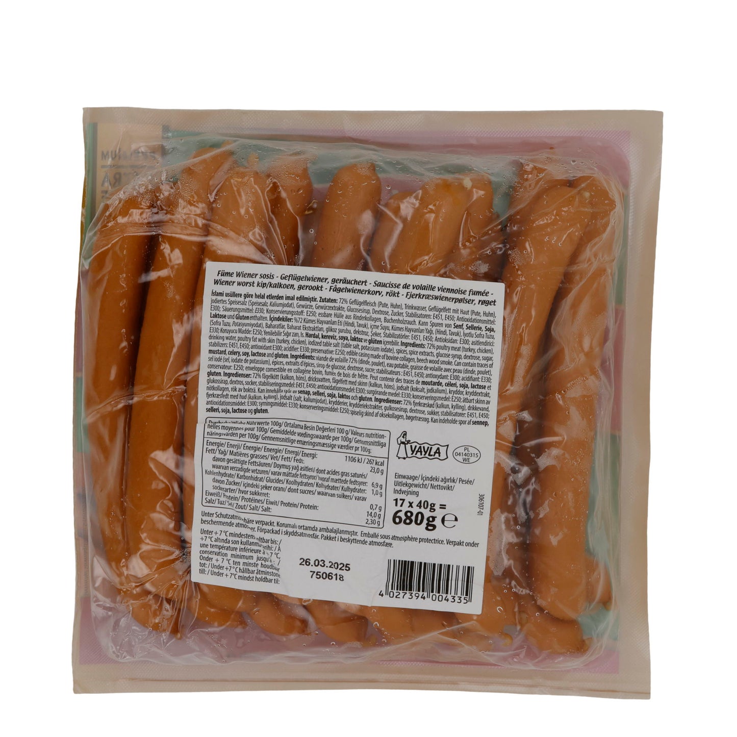 Bratwurst Yayla | Wiener Sosis | Geräucherte Geflügelwürstchen für Hot Dogs | 680 g