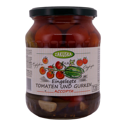 Verdure sottaceto Zakuska | Pomodori e cetrioli | Speziato, pomodorini e cetrioli | 680 g