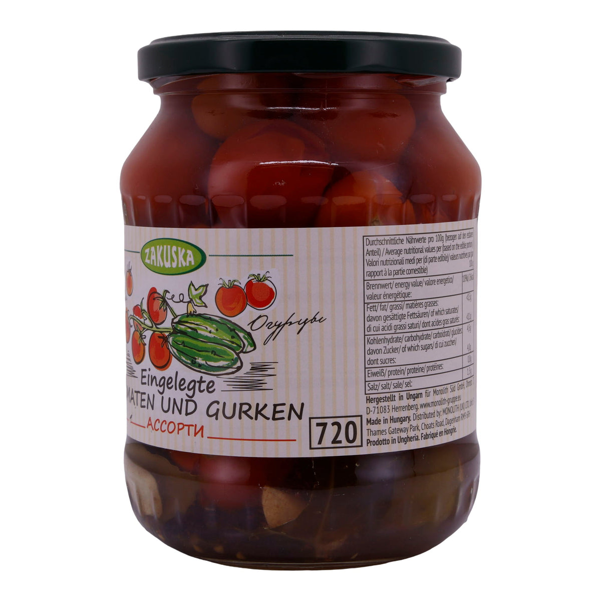 Eingelegtes Gemüse Zakuska | Tomaten & Gurken | Würzig, Cherry-Tomaten & Gurken | 680 g