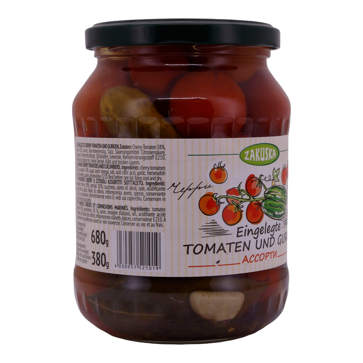Eingelegtes Gemüse Zakuska | Tomaten & Gurken | Würzig, Cherry-Tomaten & Gurken | 680 g