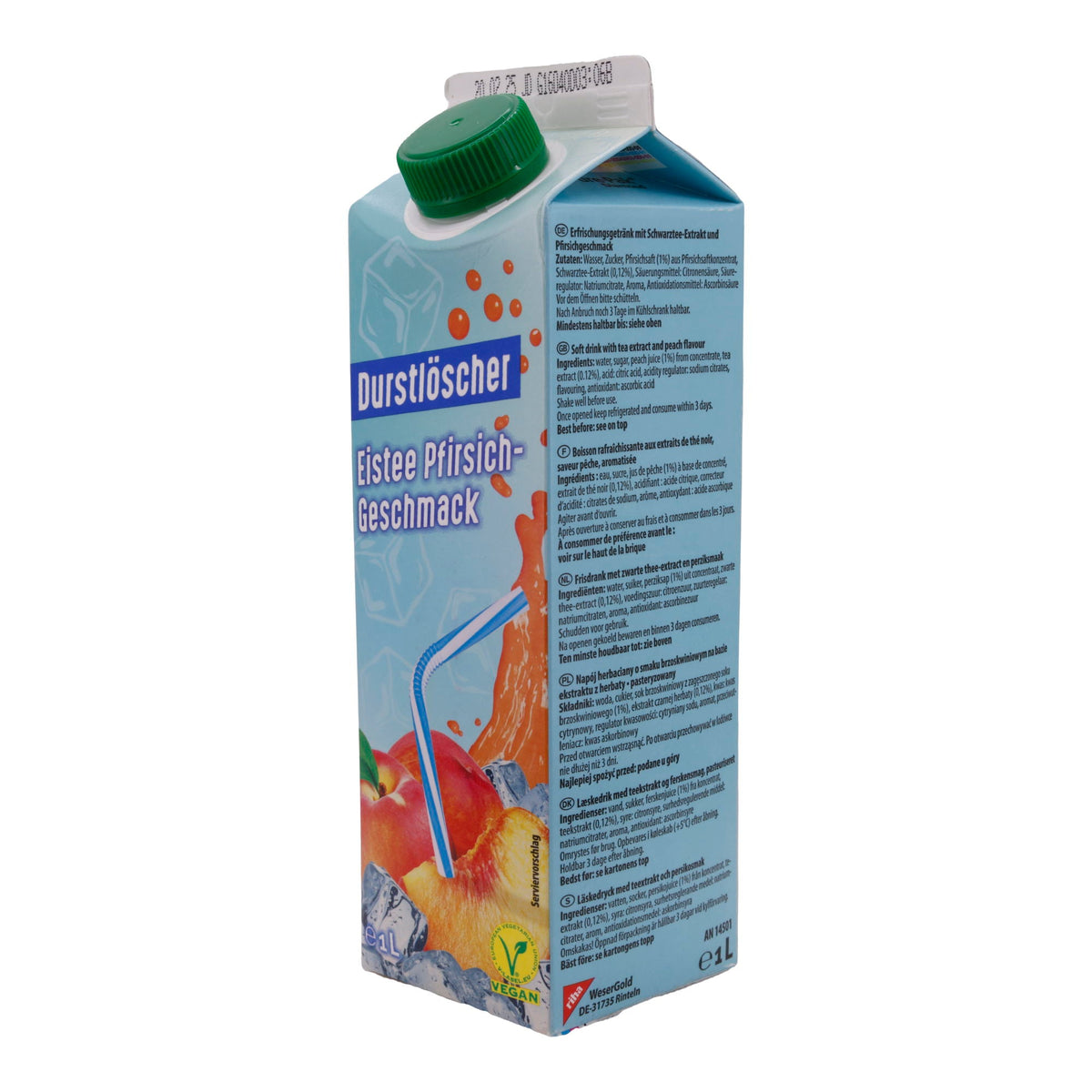 Eistee Durstlöscher | Pfirsichgeschmack | Erfrischungsgetränk mit natürlichem Aroma, vegan | 1 Liter