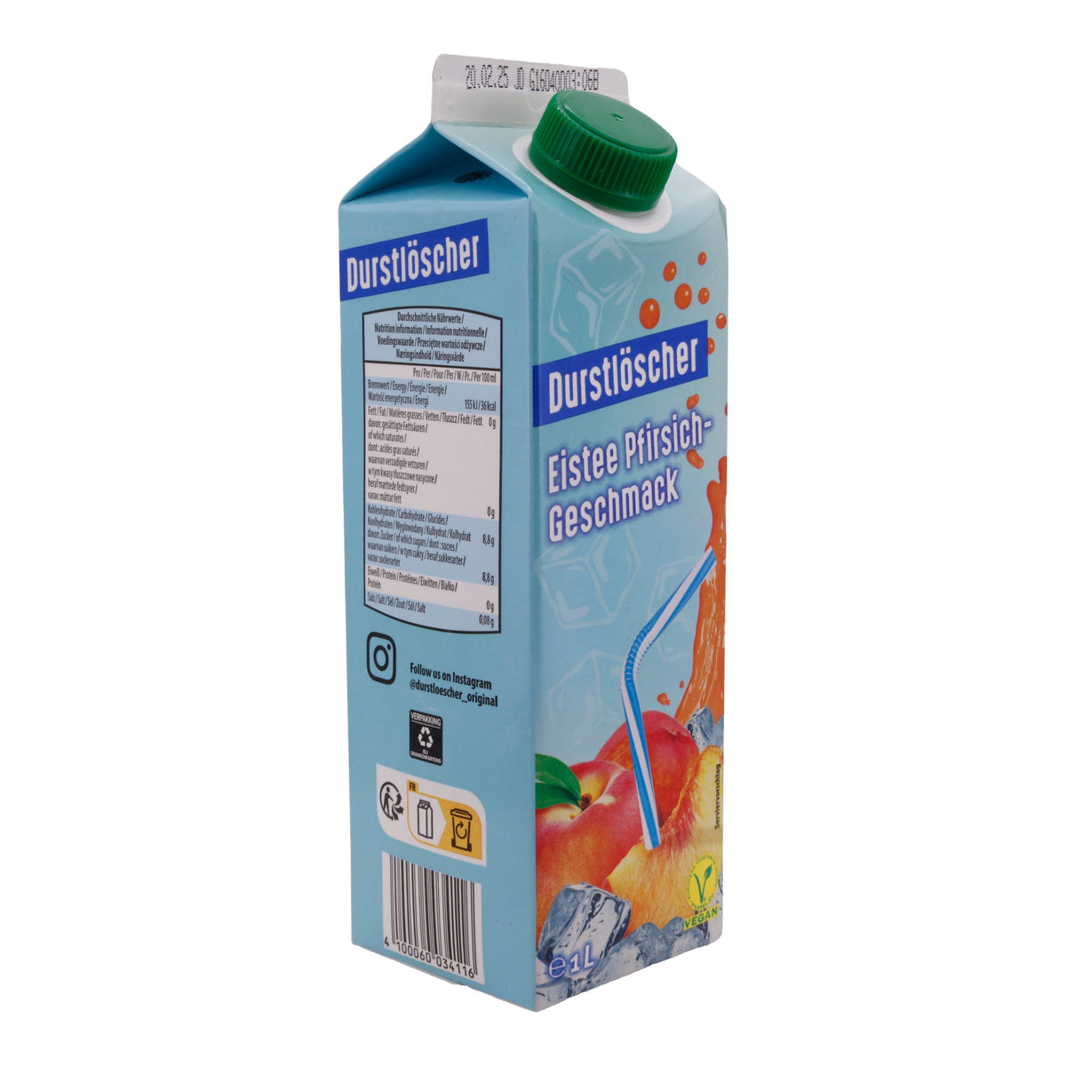 Eistee Durstlöscher | Pfirsichgeschmack | Erfrischungsgetränk mit natürlichem Aroma, vegan | 1 Liter DURSTLÖSCHER