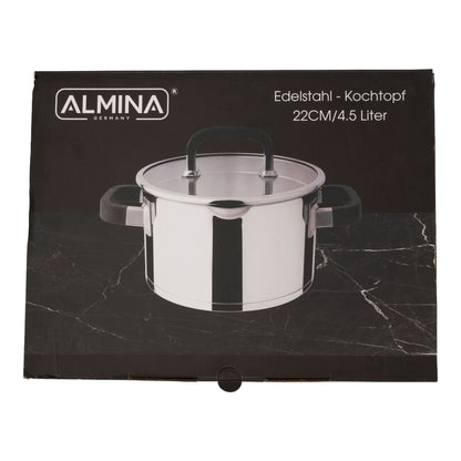 Almina Edelstahl Kochtopf – 22 cm, 4,5 Liter – Induktionsgeeignet mit Glasdeckel