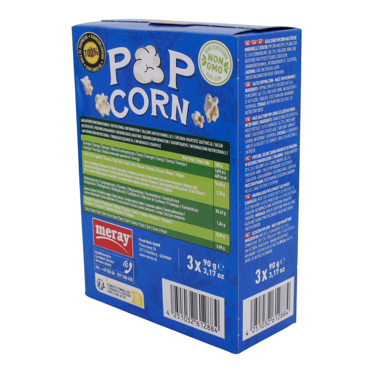 Salz Mikrowellen Popcorn Meray | Süßigkeiten | Leckerer Snack mit 100% Sonnenblumenöl im 3er Pack | 270 g MERAY