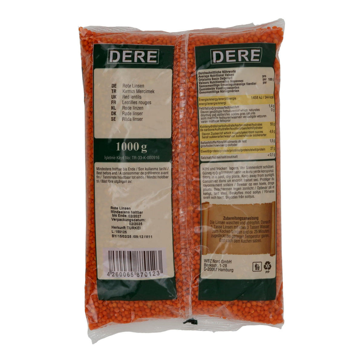 Linsen Dere Rote Linsen | Hülsenfrüchte | Mild-aromatisch für Suppen & Currys | 1000 g
