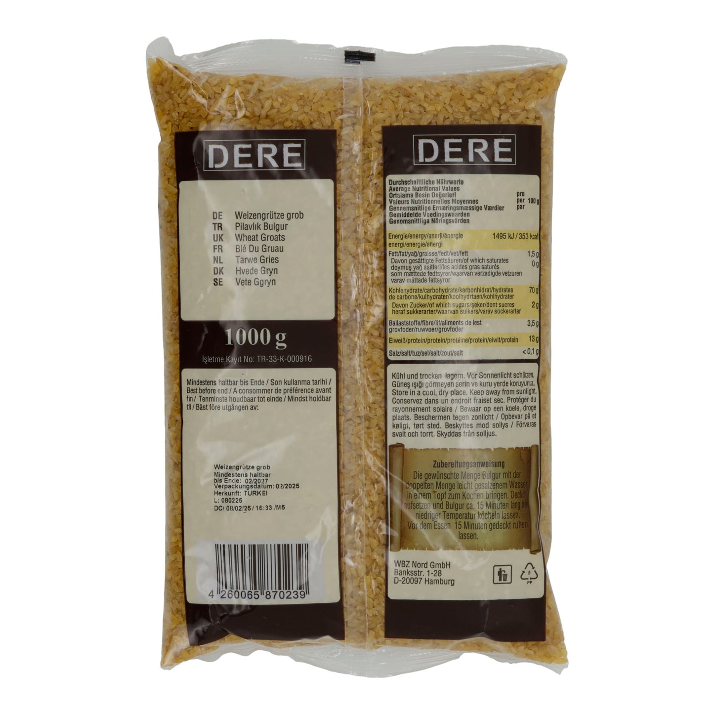 Grobe Weizengrütze Dere Pilavlik Bulgur | Für klassischen Bulgur-Pilaw & Beilagen | 1000 g