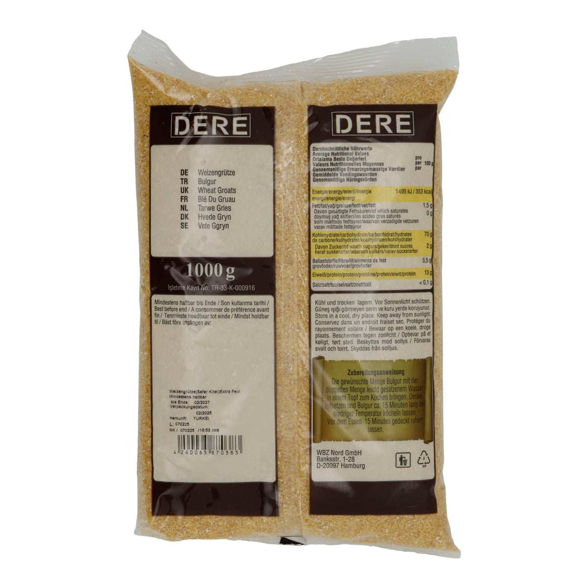 Feine Weizengrütze Dere Bulgur fein | Für leichte orientalische & mediterrane Küche | 1000 g
