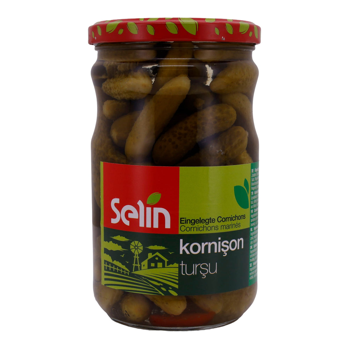 Cornichons Selin | Gemüse | In Essig mit Paprika und Knoblauch | 580g