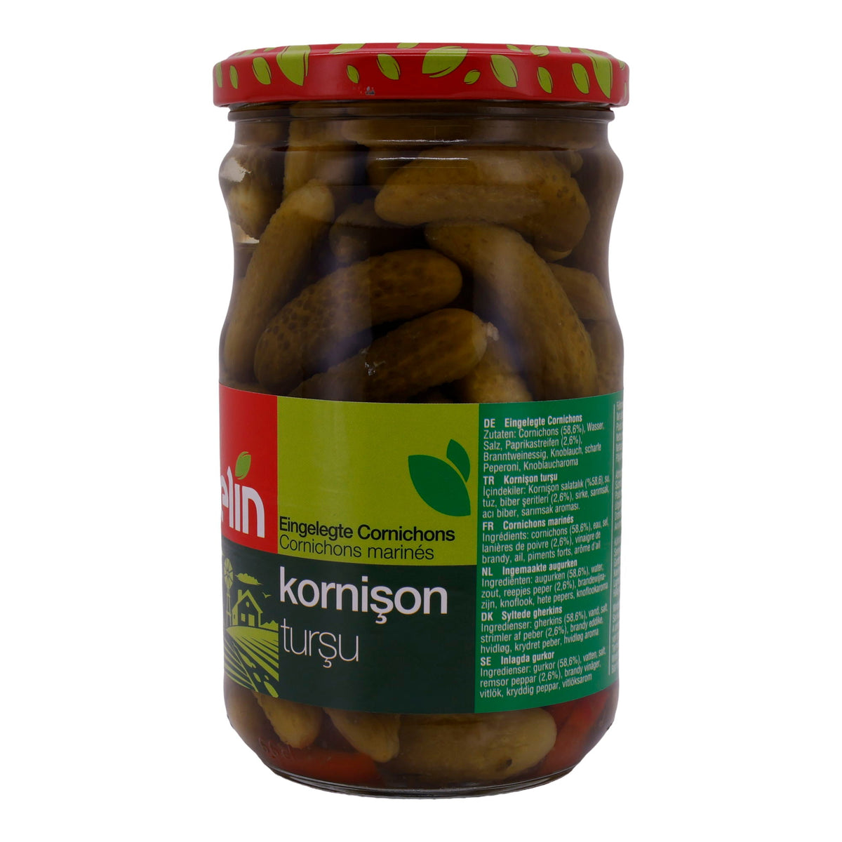 Cornichons Selin | Gemüse | In Essig mit Paprika und Knoblauch | 580g