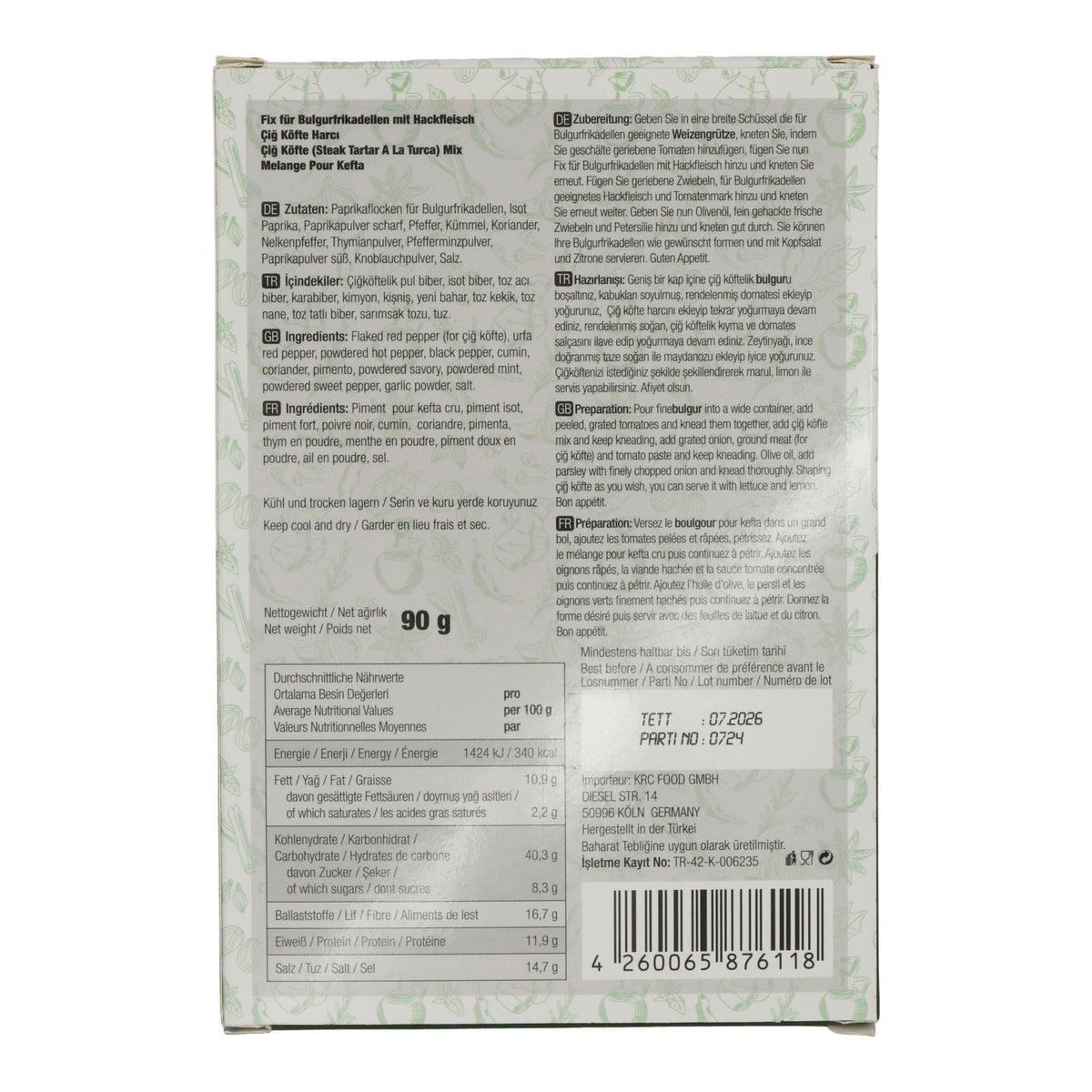 Köfte Harcı Öz Antep | Çiğ | Fix für Bulgurfrikadellen | 90g ÖZ ANTEP