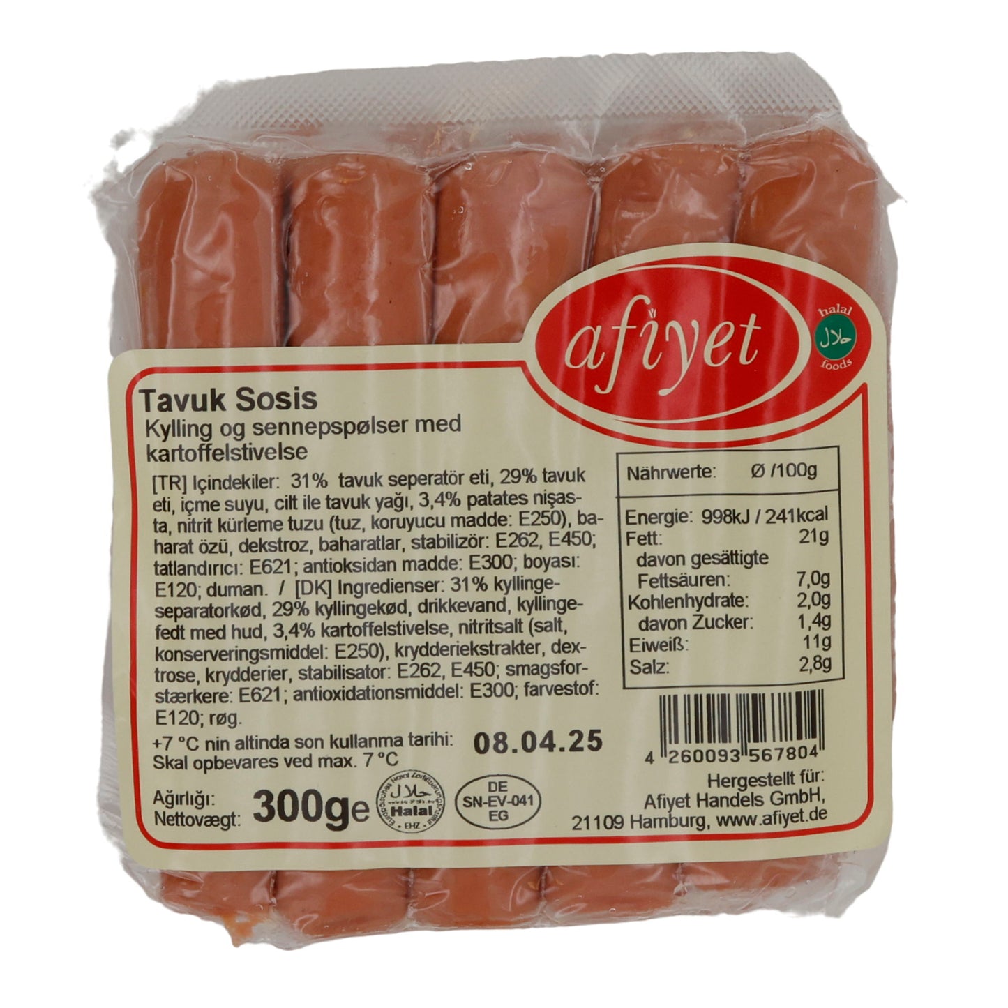 Wurst Afiyet | Tavuk Sosis | Hähnchenwürstchen mit Kartoffelstärke | 300 g