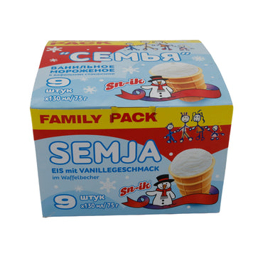 Eis Sn-ik | Vanilleeis „Semja“ | Cremig, Waffelbecher, Familienpackung (9 Stück) | 1170 ml / 675 g MONOLITH