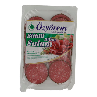 Kräuter-Salami Özyörem | Halal Rindersalami mit Geflügelfleisch | Geräuchert und mit Kräutern ummantelt | 80 g