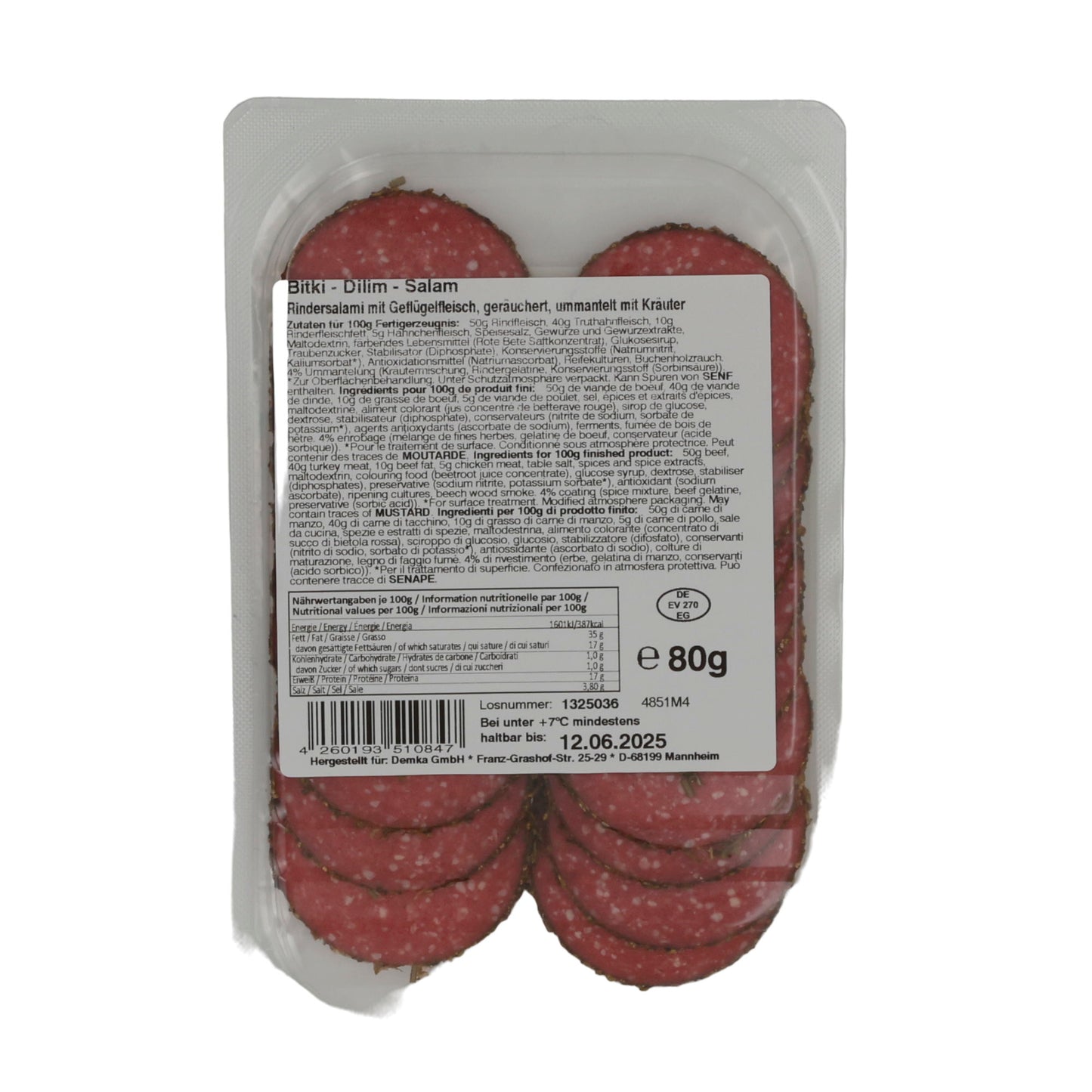 Kräuter-Salami Özyörem | Halal Rindersalami mit Geflügelfleisch | Geräuchert und mit Kräutern ummantelt | 80 g