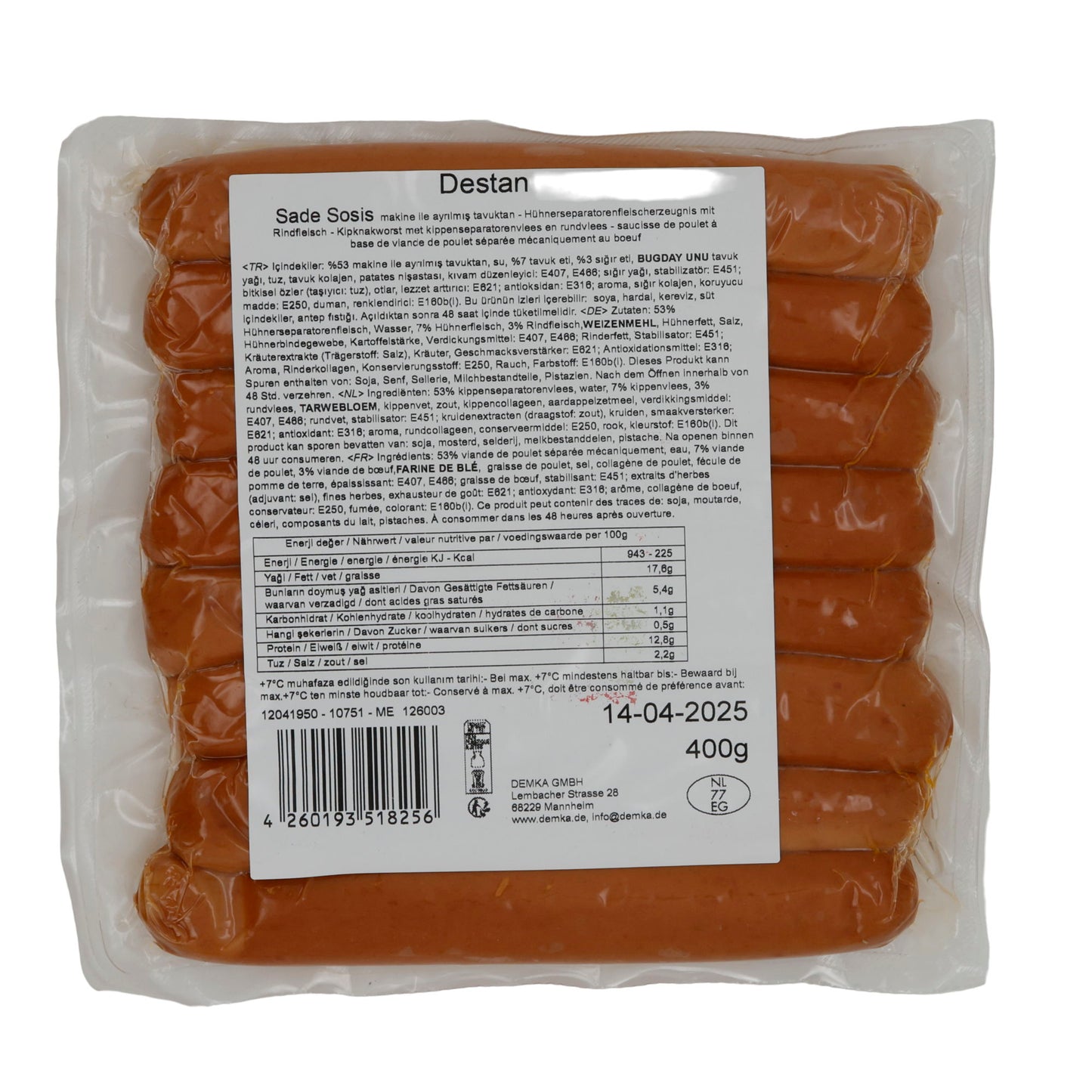 Geflügelsalami Destan Sade Sosis | Hähnchen- und Rinderwürstchen | Für vielseitigen Genuss | 400 g