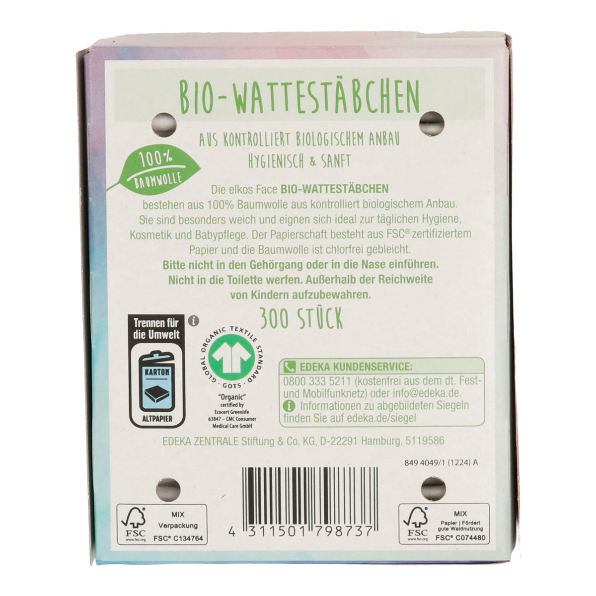 Bio-Wattestäbchen elkos Face Bio-Wattestäbchen | Bio-Wattestäbchen | 300 Stück - Taste Your World