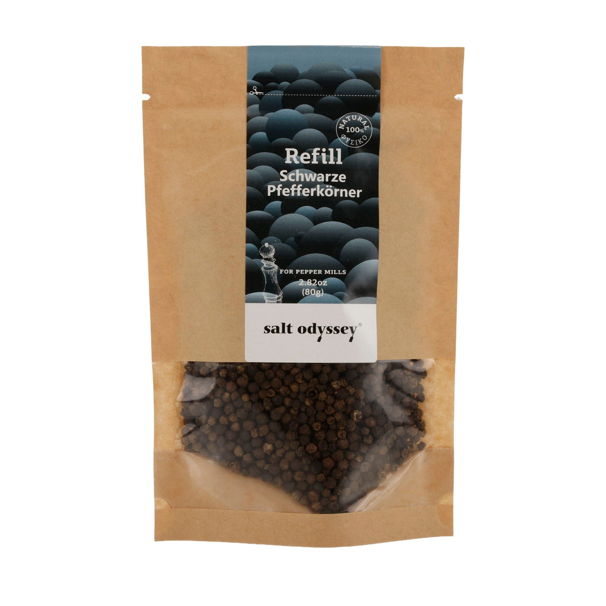 Gewürze Salt Odyssey | Schwarze Pfefferkörner Nachfüllpackung | 100 % Natur | 80 g Odyssey