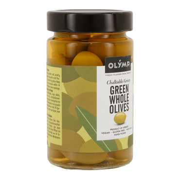 Grüne Oliven Olymp | Ganze Chalkidiki-Oliven mit Kern | Vegan, Glutenfrei, Non-GMO | 320 g Glas