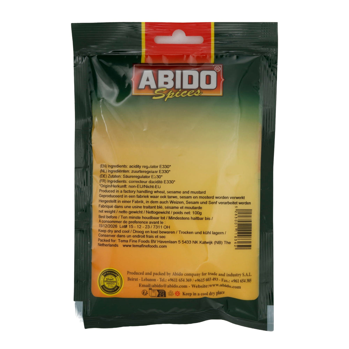 Zitronensäure Abido | Gewürz | Vielseitig, Küche, Getränke, Reinigung | 100 g