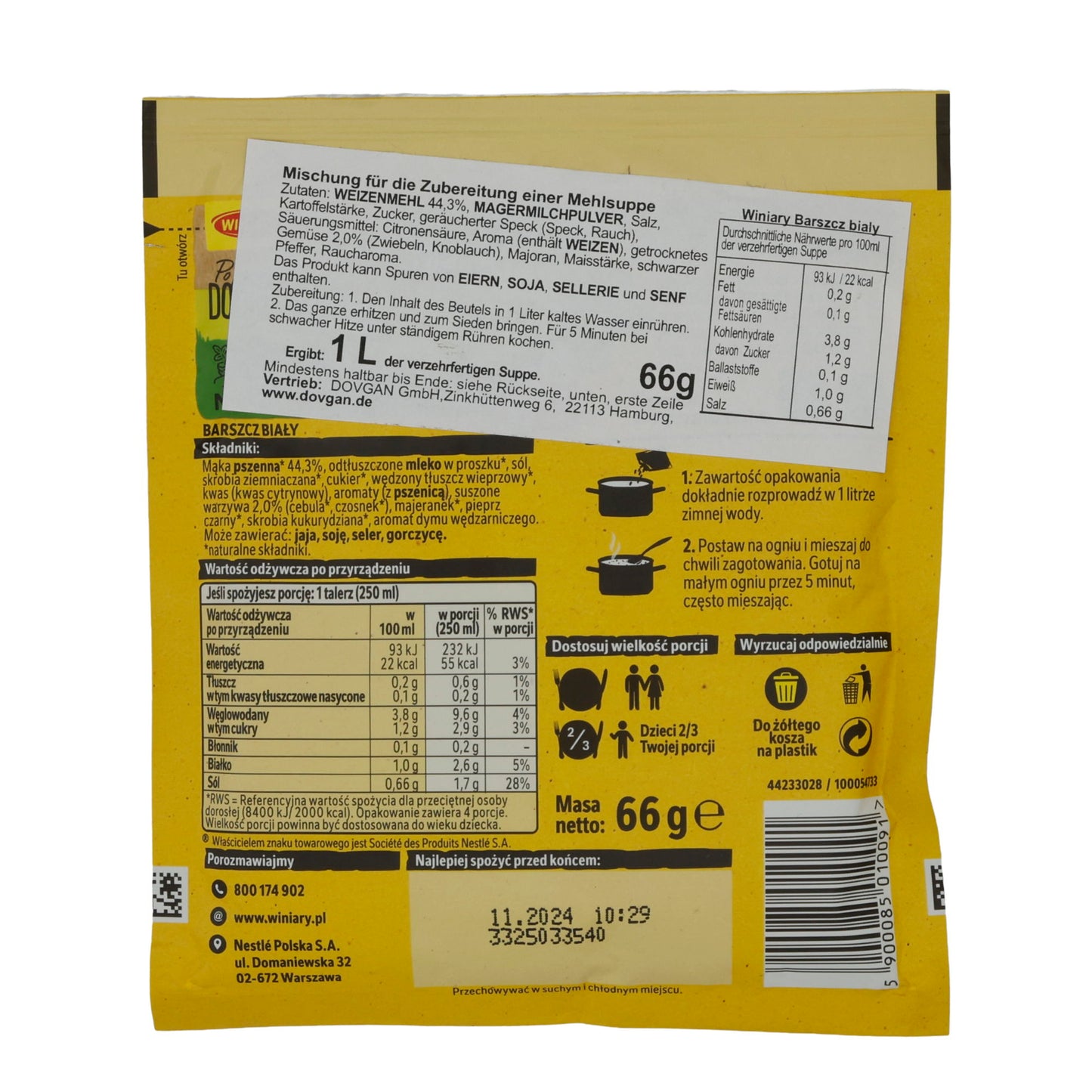 Zuppa di farina Winiary | Barszcz Biały | Polacco, per 4 porzioni | 66 g