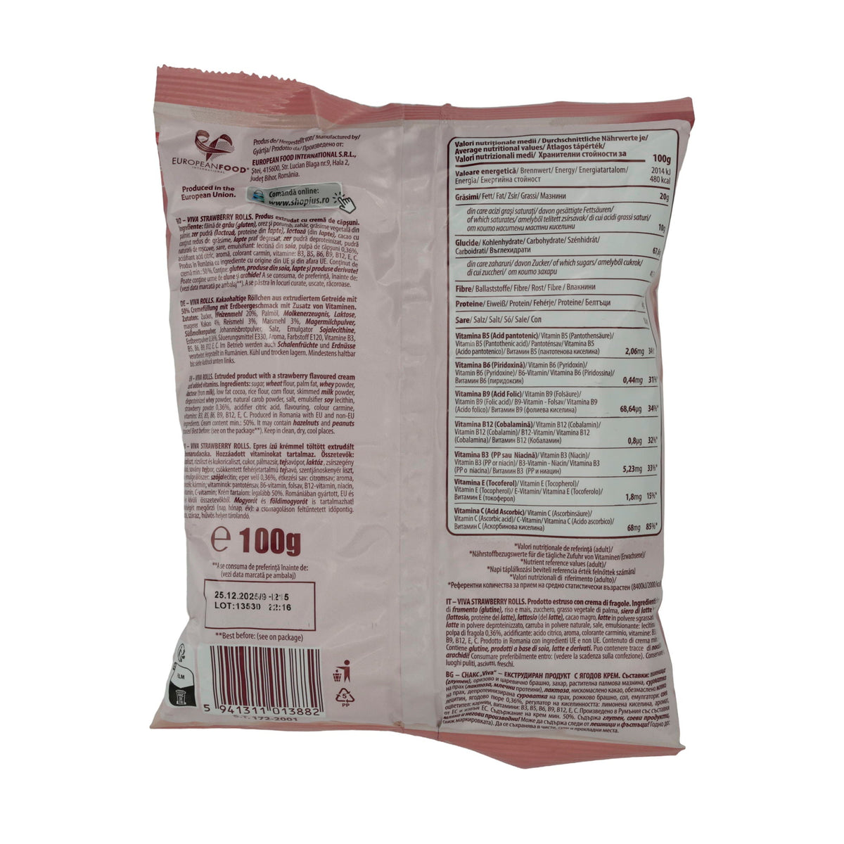 Strawberry Rolls Viva | Knusprige Röllchen | Mit Erdbeer-Creme-Füllung | 100 g