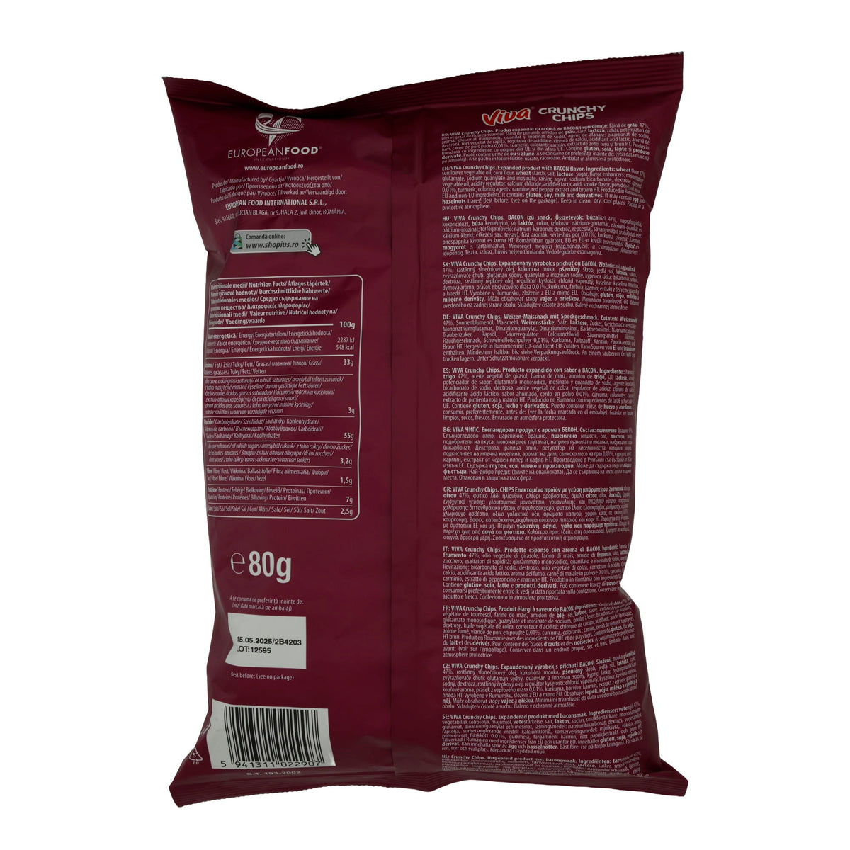Crunchy Chips Viva | Bacon Strips | Knuspriger Snack mit Bacon-Geschmack | 80 g