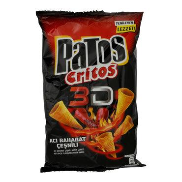 Corn Snacks Patos Critos | 3D Acı Baharat Çeşnili | Knusprige Corn Snacks mit scharfer Gewürzmischung | 100 g PATOS
