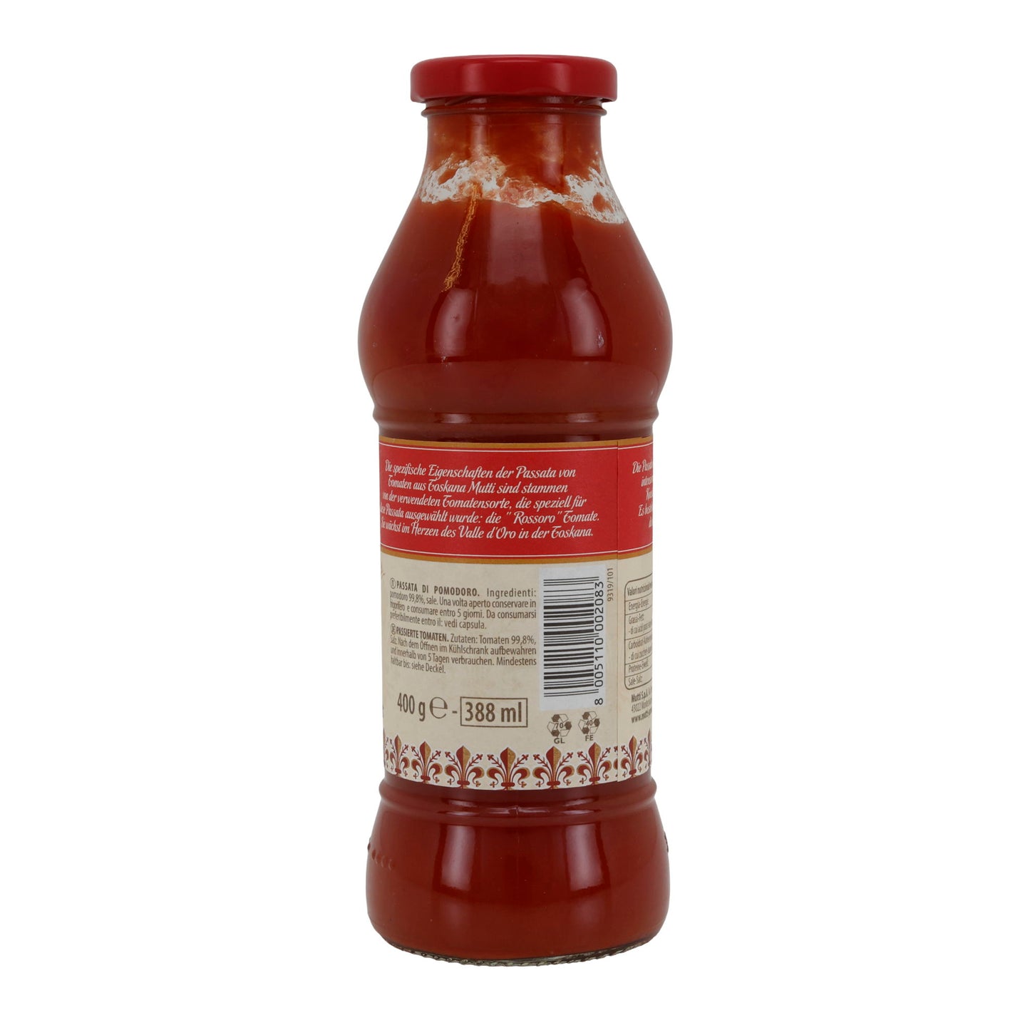 Gepureerde tomaten Mutti | Passata | uit Toscane | 400 g glazen fles