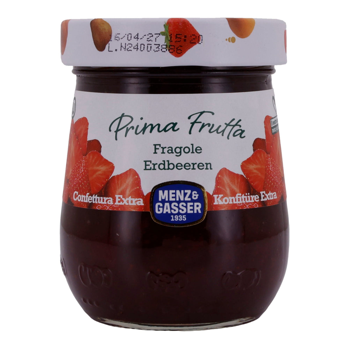 Erdbeerkonfitüre Menz & Gasser | Prima Frutta | Fruchtig, für Frühstück | 340 g Glas