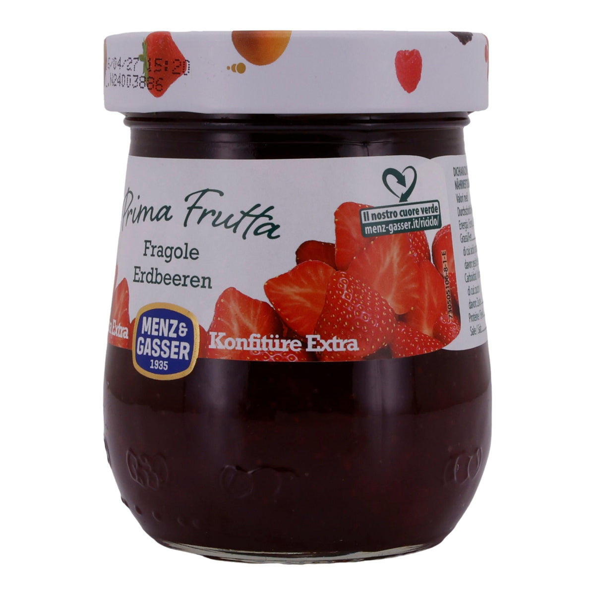 Erdbeerkonfitüre Menz & Gasser | Prima Frutta | Fruchtig, für Frühstück | 340 g Glas MENZ & GASSER