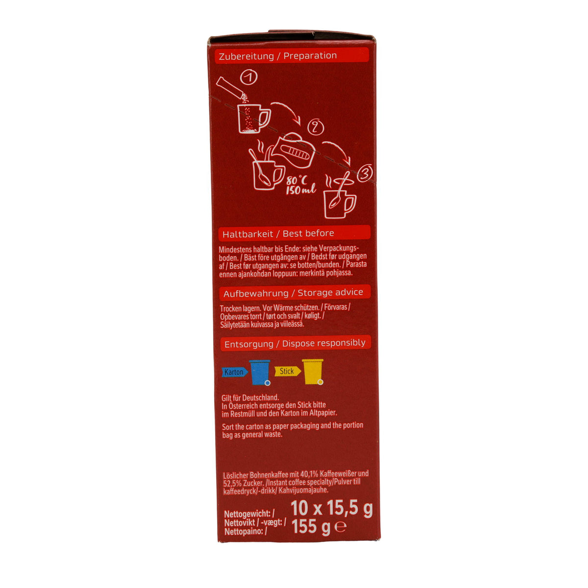 NESCAFÉ 3in1 Fein Cremig | Löslicher Kaffee mit Kaffeeweißer & Zucker | 10 Sticks | 155 g