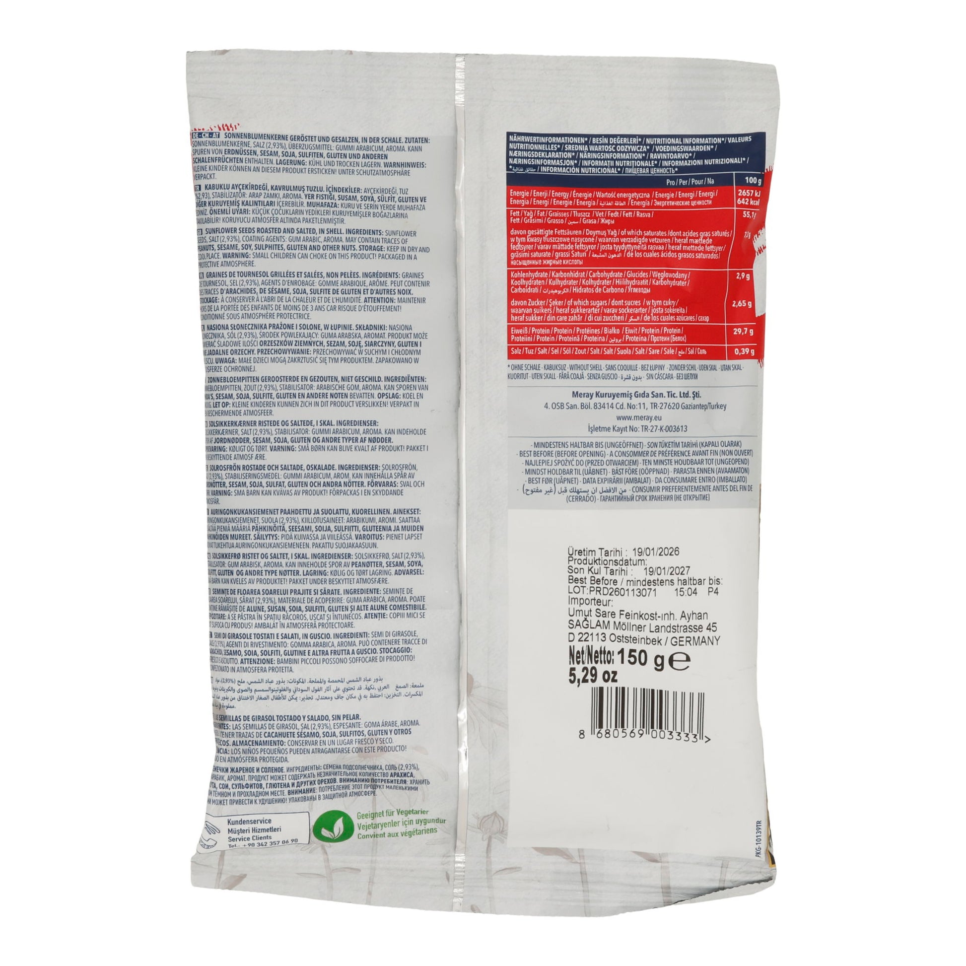 Sonnenblumenkerne Rafik | Gesalzen | in Schale | 150 g Beutel - Taste Your World