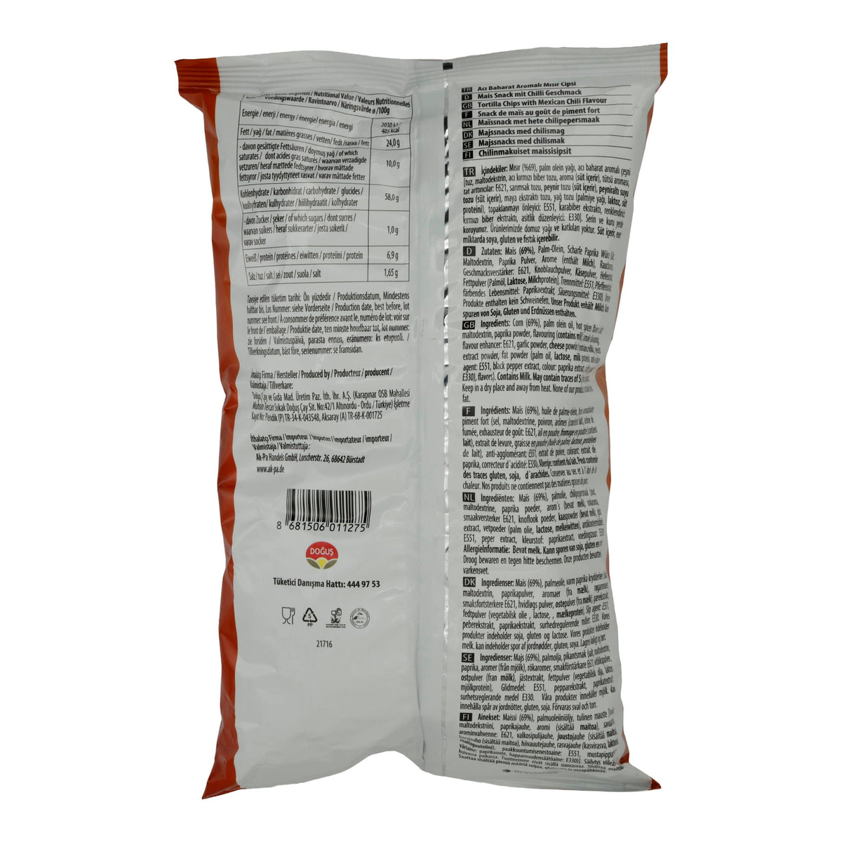 Mais Snack Patos | Chilli-Geschmack | Knusprige Tortilla-Chips für scharfe Genüsse | 120 g PATOS