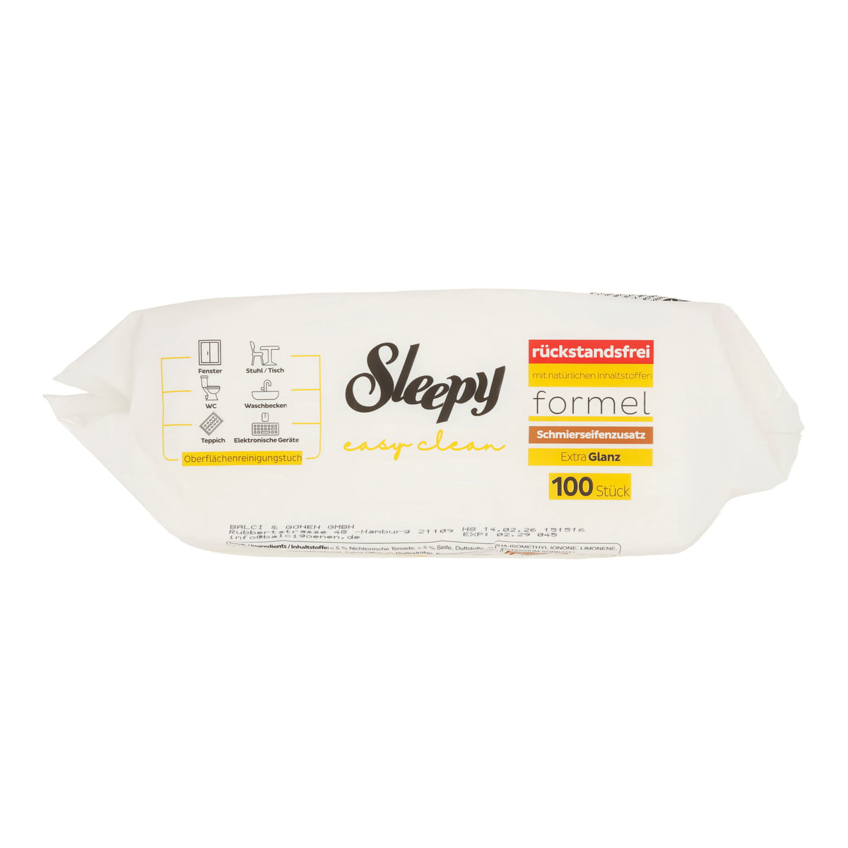 Sleepy Easy Clean Oberflächenreinigungstücher Schmierseifenzusatz | Feuchte Reinigungstücher | 100 Stück