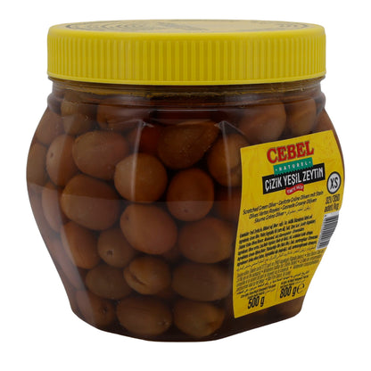 Olive verdi Cebel | Olive incise | Con nocciolo, conservate in salamoia | 800 g