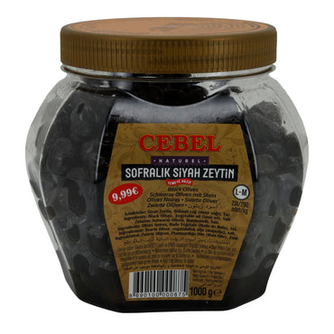 Oliven Cebel | Schwarze Oliven mit Stein | Naturbelassen, mediterran | 1000 g Glas CEBEL