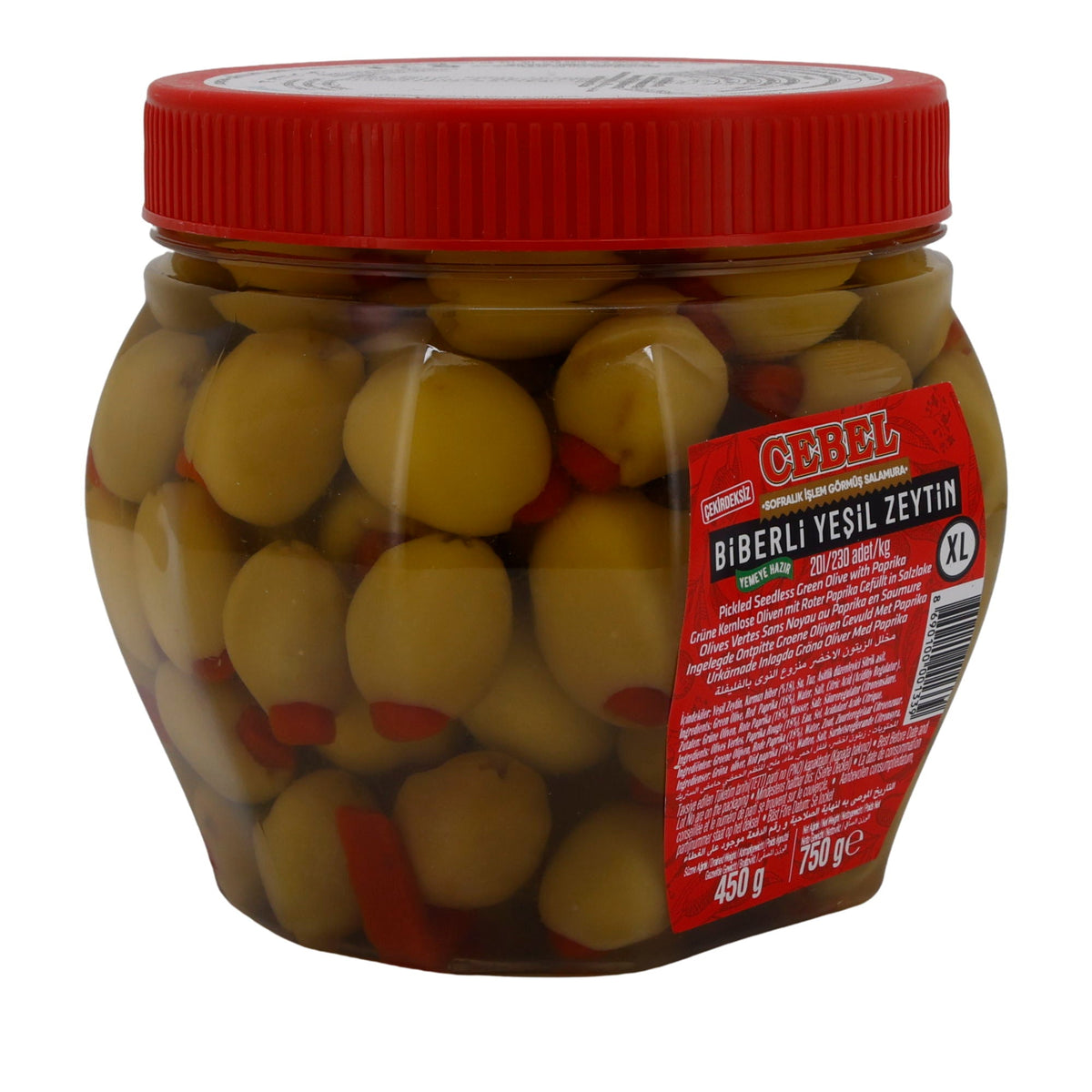 Grüne Oliven Cebel | Mit roter Paprika | Kernlos, in Salzlake | 750 g CEBEL