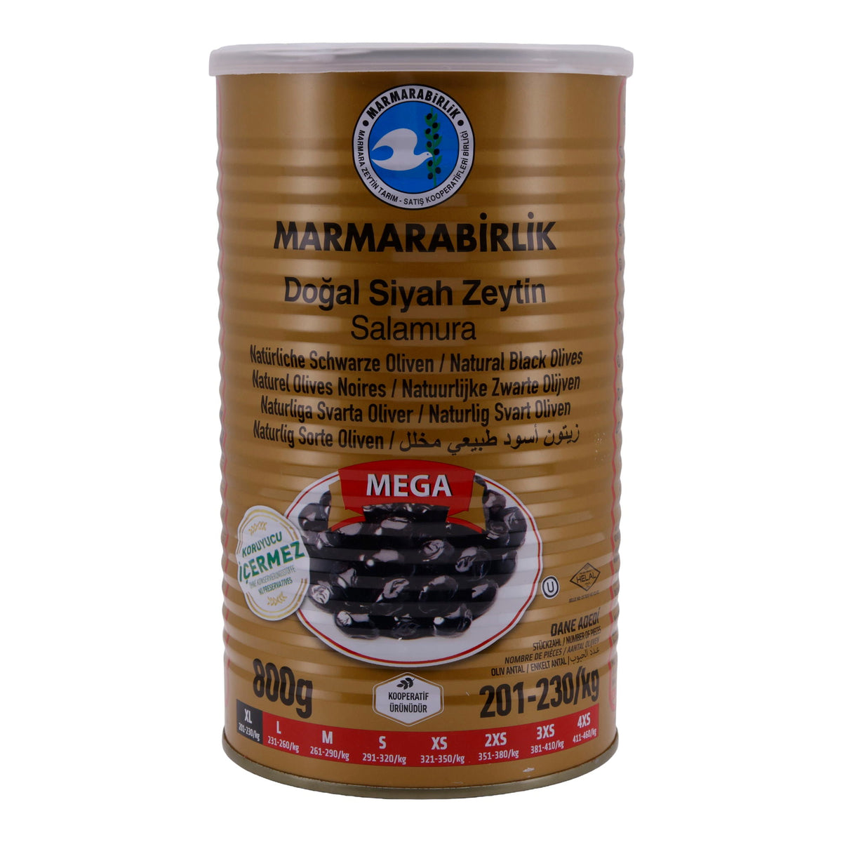 Schwarze Oliven Marmarabirlik | Natürliche schwarze Oliven | Salzarm, MEGA Größe | 800 g Dose