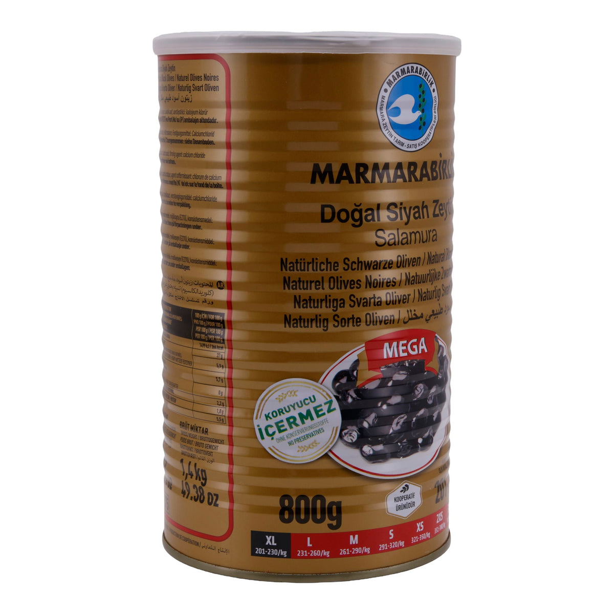 Schwarze Oliven Marmarabirlik | Natürliche schwarze Oliven | Salzarm, MEGA Größe | 800 g Dose