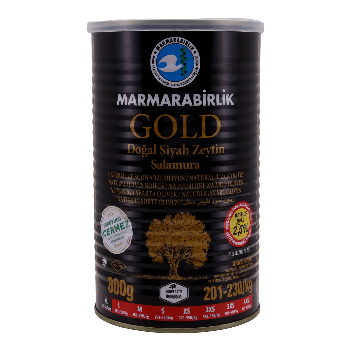 Oliven Marmarabirlik Gold | Natürliche Schwarze Oliven | Milde Oliven in Salzlake | 1,4 kg