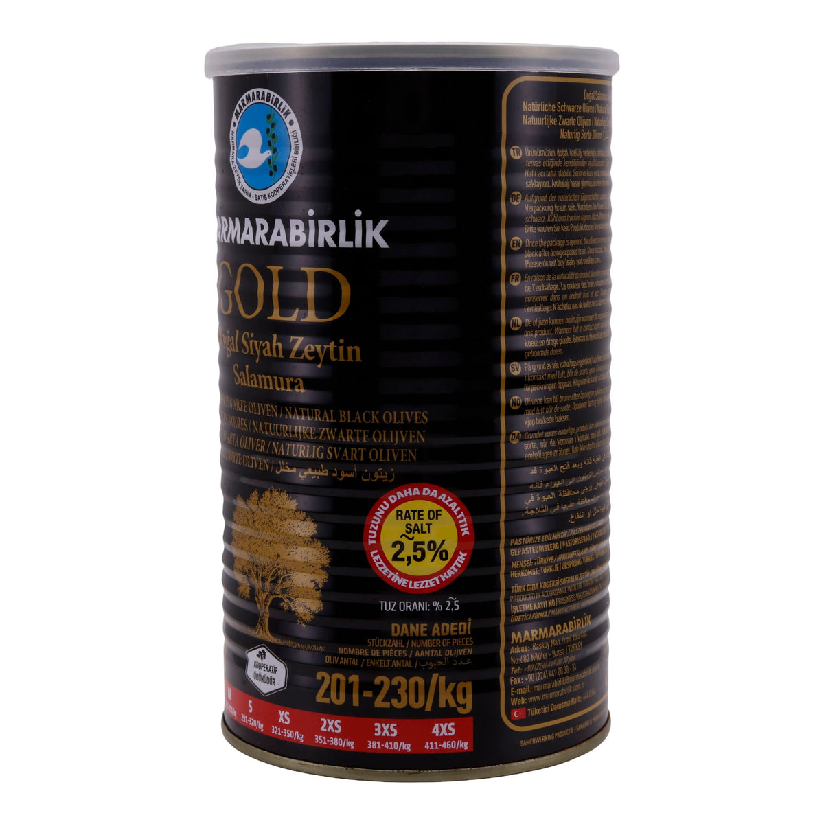 Oliven Marmarabirlik Gold | Natürliche Schwarze Oliven | Milde Oliven in Salzlake | 1,4 kg