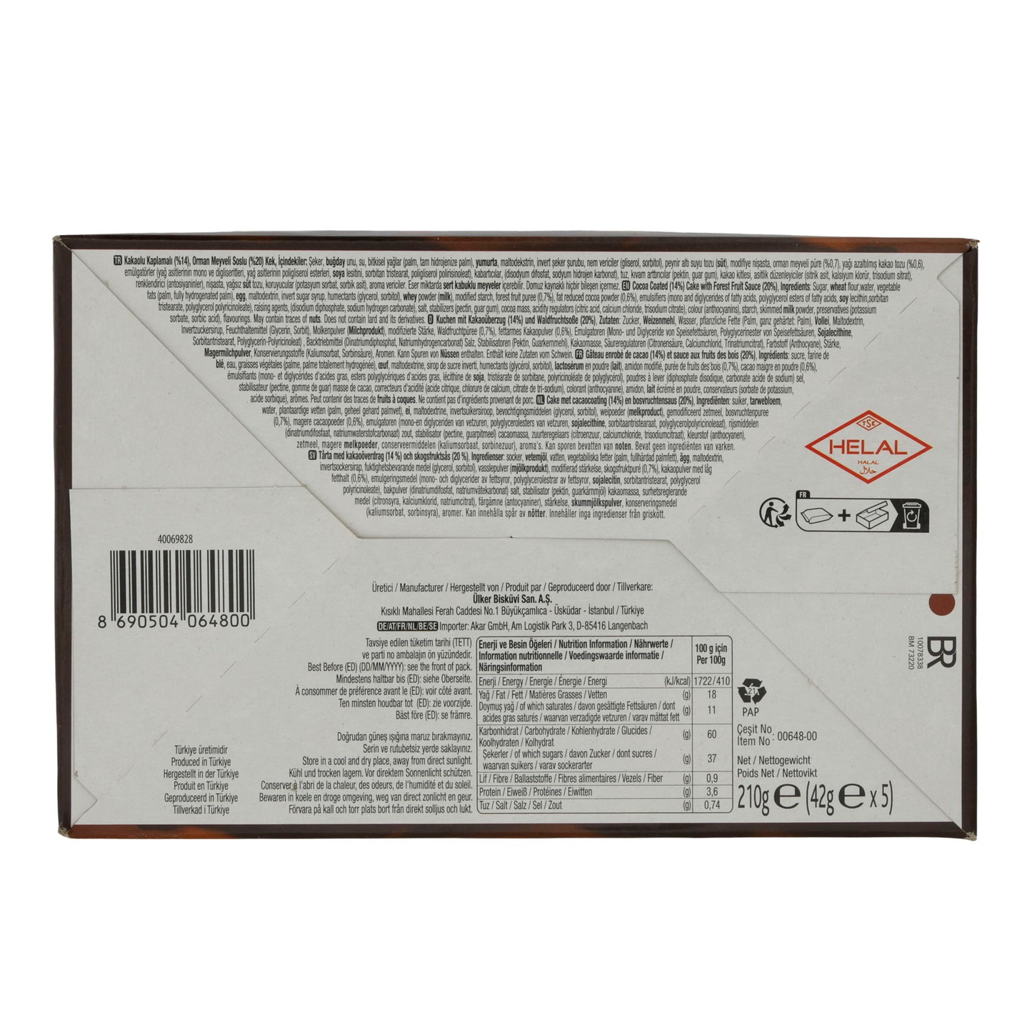 Rührkuchen Ülker Peki 8 Cake | Gebak | met bosvruchtenvulling & chocoladeglazuur | 5-pack 210g
